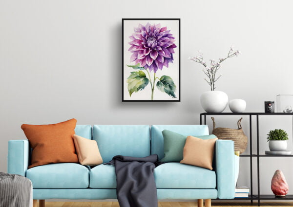 watercolour botanical print flowers purple dahlia minimalist living room