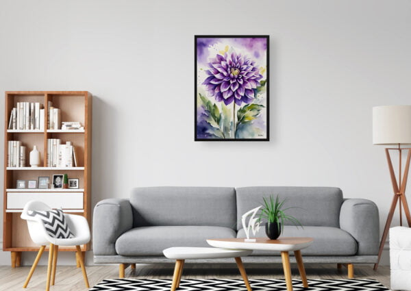 watercolour botanical print flowers purple dahlia office