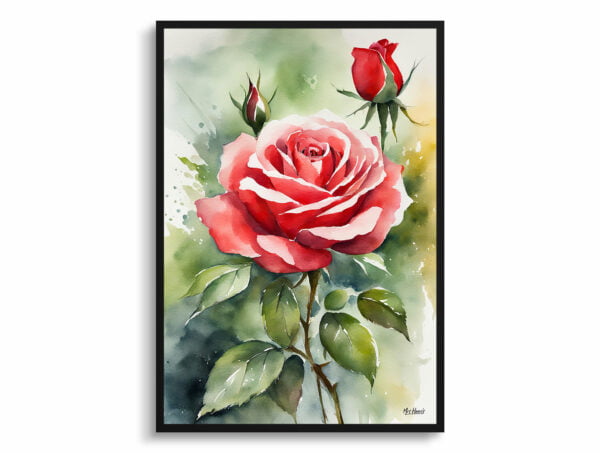 watercolour botanical print flowers red rose front view