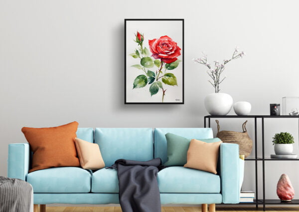 watercolour botanical print flowers red rose minimalist living room