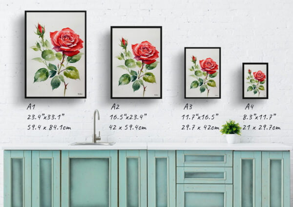 watercolour botanical print flowers red rose minimalist print size comparison