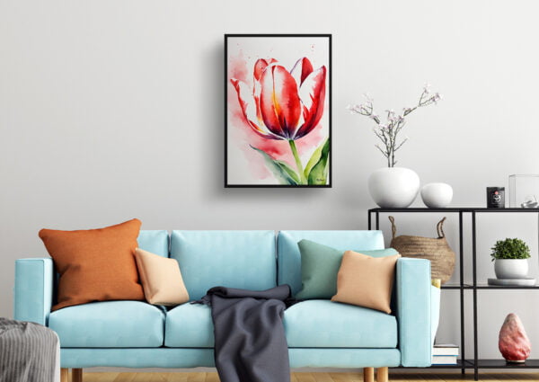 watercolour botanical print flowers red tulip living room