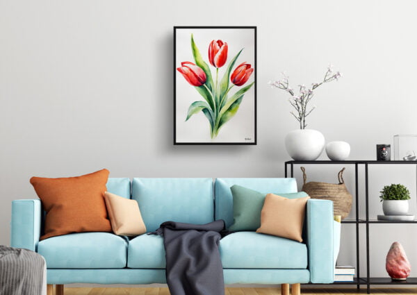 watercolour botanical print flowers red tulip minimalist living room