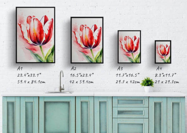 watercolour botanical print flowers red tulip print size comparison