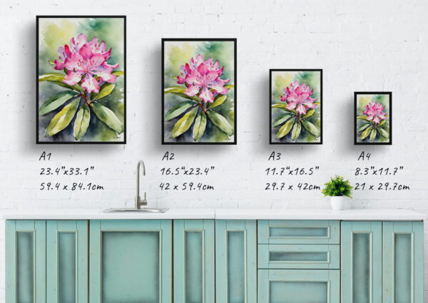 watercolour botanical print flowers rhododendron print size comparison