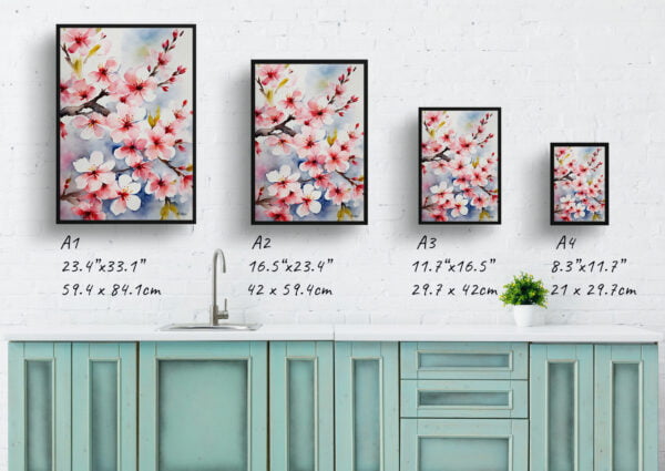 watercolour botanical print flowers sakura cherry blossom print size comparison