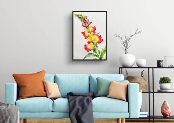 watercolour botanical print flowers snapdragon minimalist living room