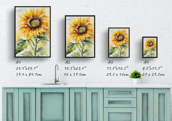 watercolour botanical print flowers sunflower print size comparison