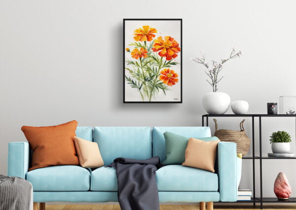 watercolour botanical print flowers tagetes cinnabar minimalist living room