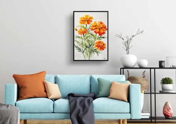 African Marigold Watercolour Botanical Art Print - Tagetes Cinnabar Minimalist Framed Plant Wall Art - Image 2