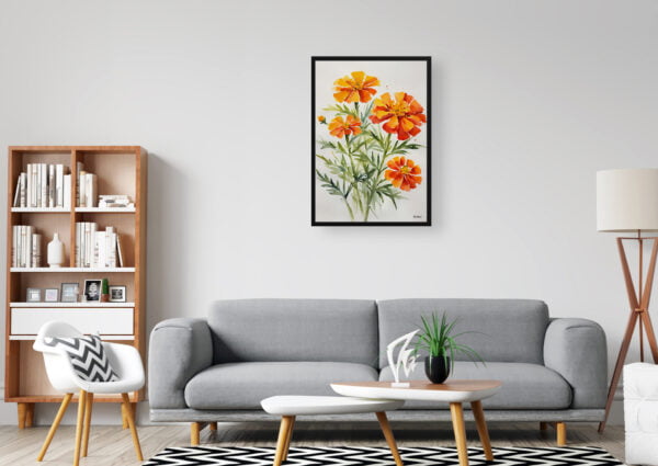 watercolour botanical print flowers tagetes cinnabar minimalist office