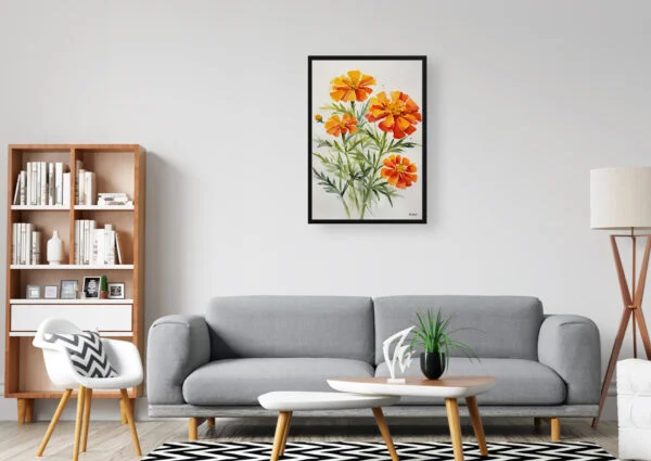 African Marigold Watercolour Botanical Art Print - Tagetes Cinnabar Minimalist Framed Plant Wall Art - Image 3