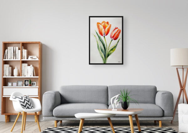 watercolour botanical print flowers tulipa salmon impression minimalist office