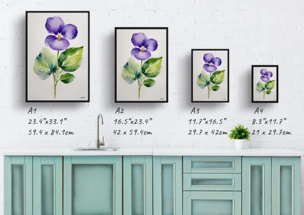 watercolour botanical print flowers violet minimalist print size comparison