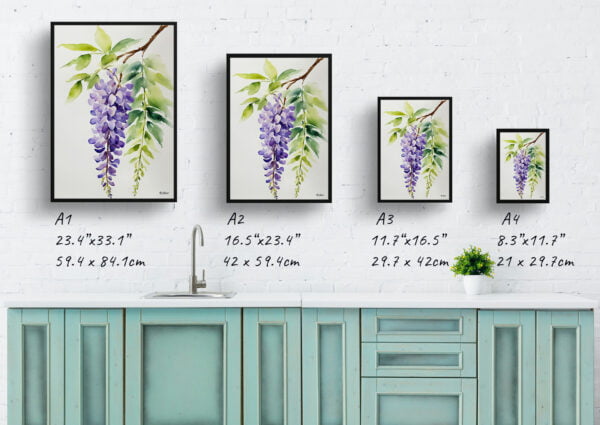 watercolour botanical print flowers wisteria x valderi minimalist print size comparison