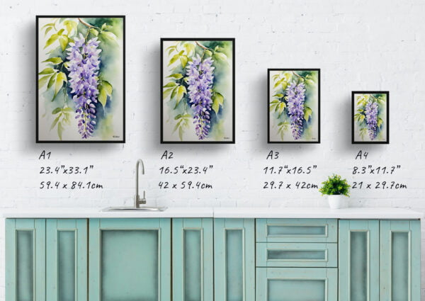 watercolour botanical print flowers wisteria x valderi print size comparison