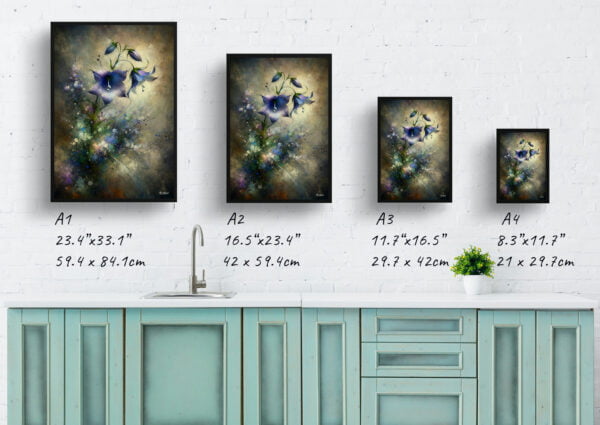 oil whimsical flowers bellflowercampanula print size comparison