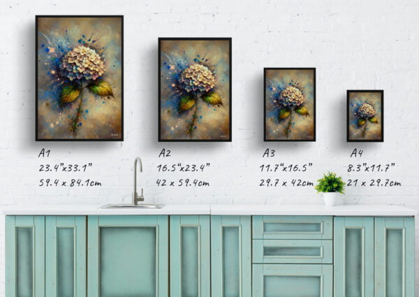 oil whimsical flowers hortensiahydrangea print size comparison