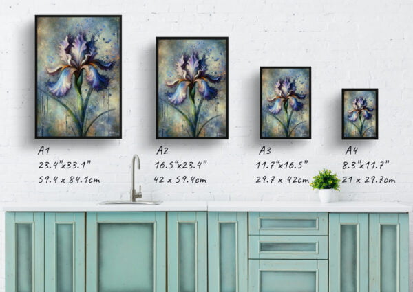 oil whimsical flowers irisfleur de lis print size comparison