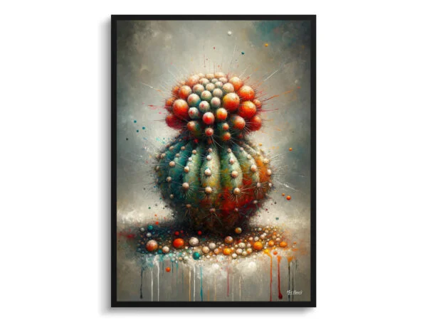 Dwarf Turks Cap Cactus (Melocactus matanzanus) Oil Painting Style Art Print - Whimsical Painting Framed Plant Wall Art