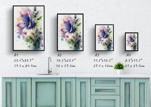 watercolour blotted flowers bellflowercampanula print size comparison