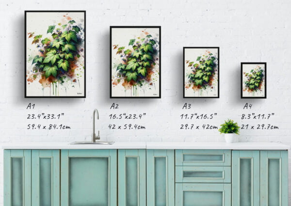 watercolour blotted flowers big leaved pepper vineampelopsis megalophylla print size comparison