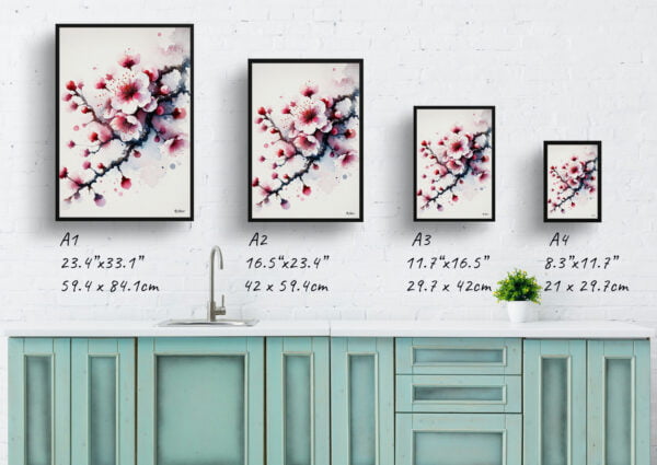 watercolour blotted flowers cherry blossomsakura print size comparison