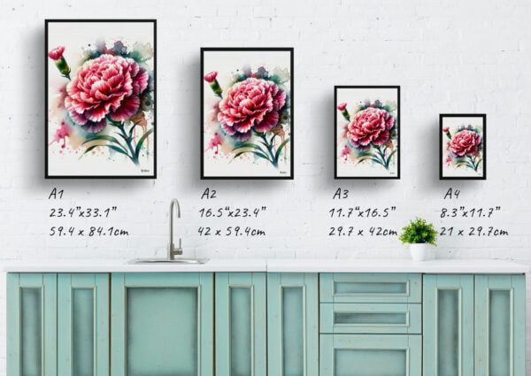 watercolour blotted flowers dianthus caryophylluscarnation print size comparison