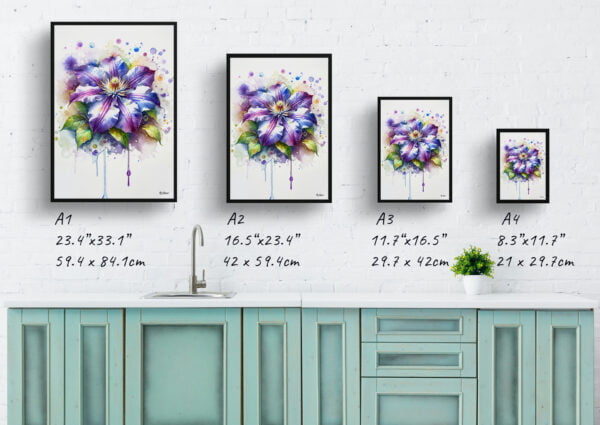 watercolour blotted flowers leather flowerclematis print size comparison