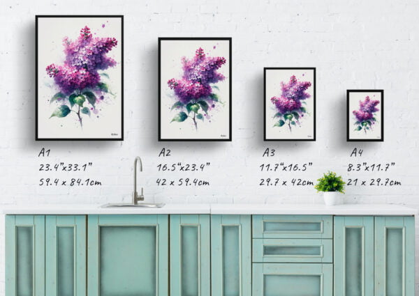 watercolour blotted flowers lilacsyringa vulgaris print size comparison