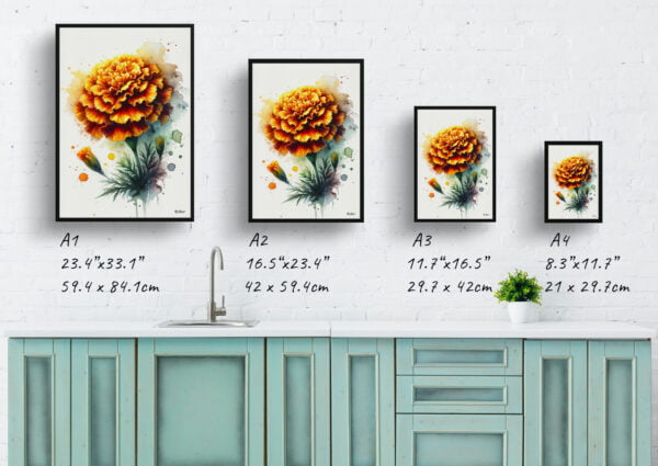 watercolour blotted flowers marigoldtagetes print size comparison