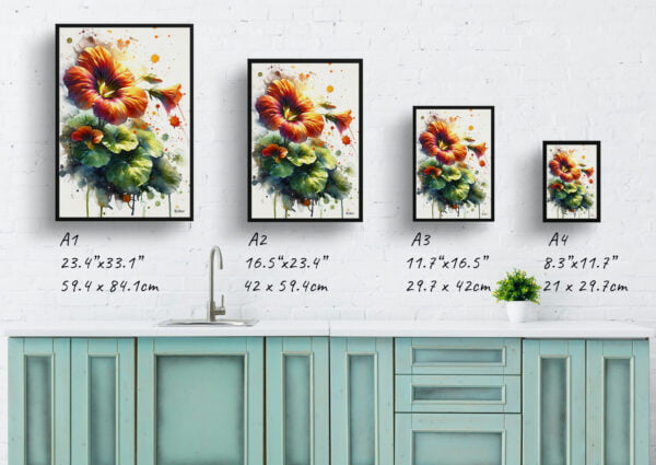 watercolour blotted flowers nasturtiumstropaeolum print size comparison