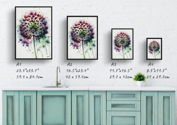 watercolour blotted flowers ornamental onionallium nigrum print size comparison