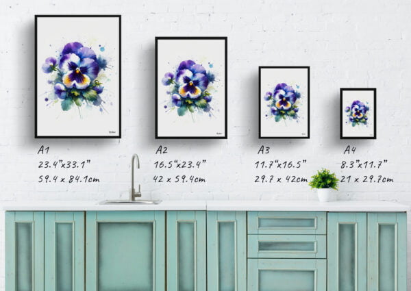 watercolour blotted flowers pansyviola x wittrockiana print size comparison