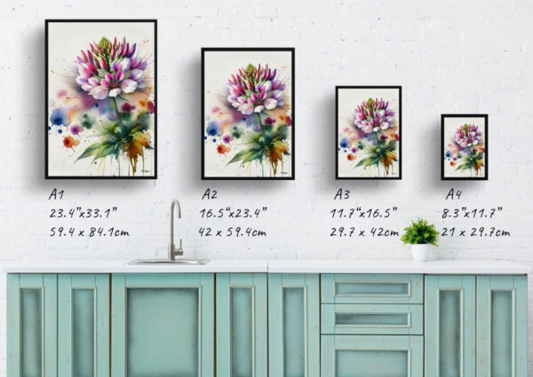 watercolour blotted flowers spider flowercleome print size comparison