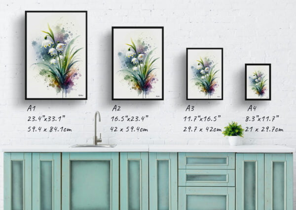 watercolour blotted flowers summer snowflakeleucojum aestivum print size comparison