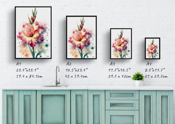 watercolour blotted flowers sword liliesgladiolus print size comparison