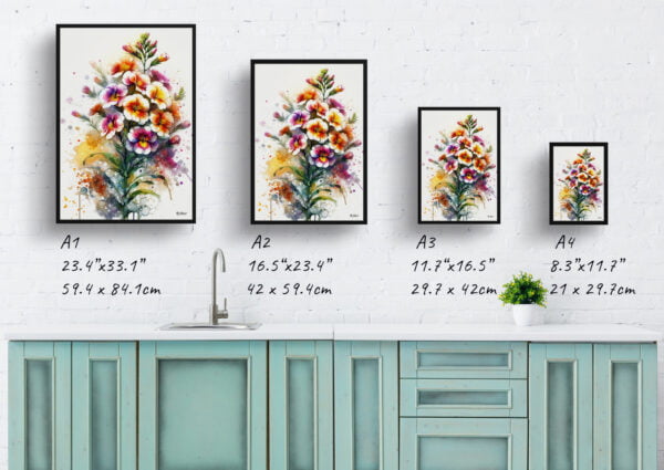 watercolour blotted flowers wallflowerserysimum print size comparison