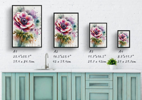 watercolour blotted flowers windfloweranemone print size comparison