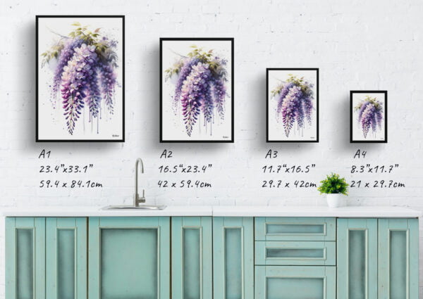 watercolour blotted flowers wisteriafabaceae print size comparison