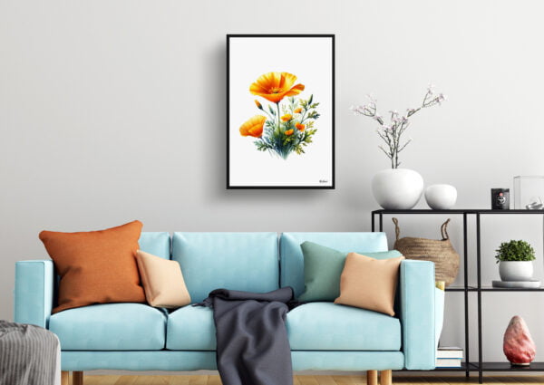 watercolour realist flowers california poppyeschscholzia living room