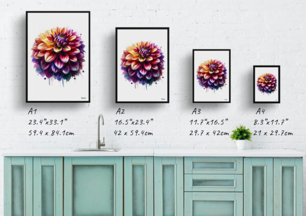 watercolour realist flowers dahliaasteraceae print size comparison