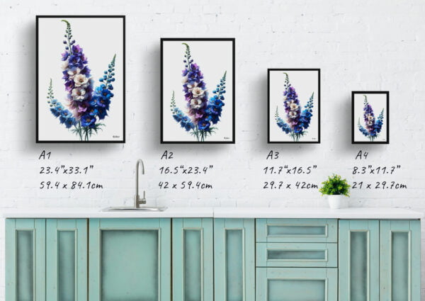 watercolour realist flowers delphiniumlarkspur print size comparison