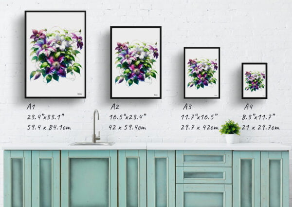 watercolour realist flowers leather flowerclematis print size comparison