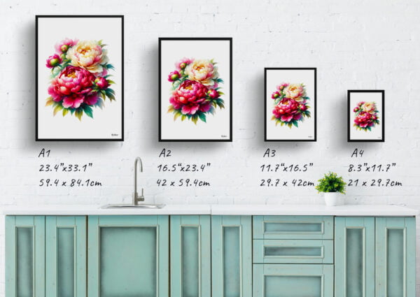 watercolour realist flowers peonypaeonia print size comparison