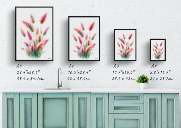 watercolour realist flowers pink muhly grassmuhlenbergia print size comparison