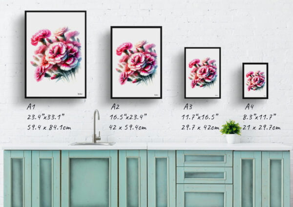 watercolour realist flowers pinksdianthus print size comparison