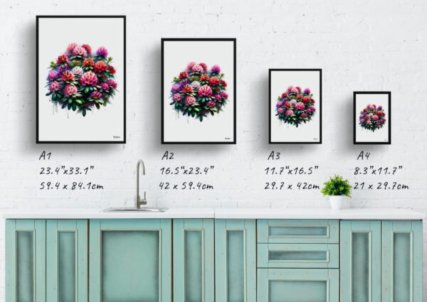 watercolour realist flowers rhododendronazalea print size comparison