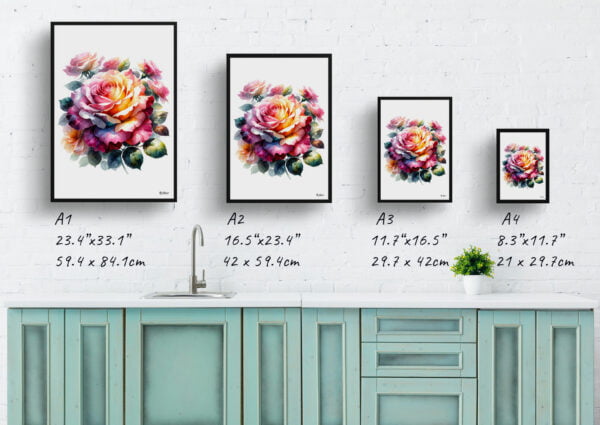 watercolour realist flowers roserosa print size comparison