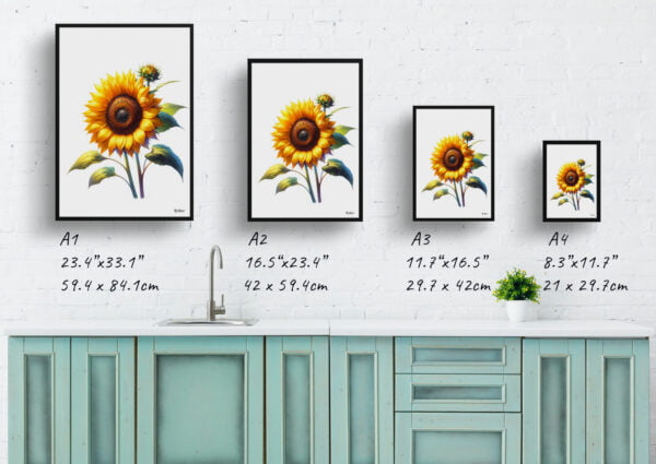 watercolour realist flowers sunflowerhelianthus annuus print size comparison